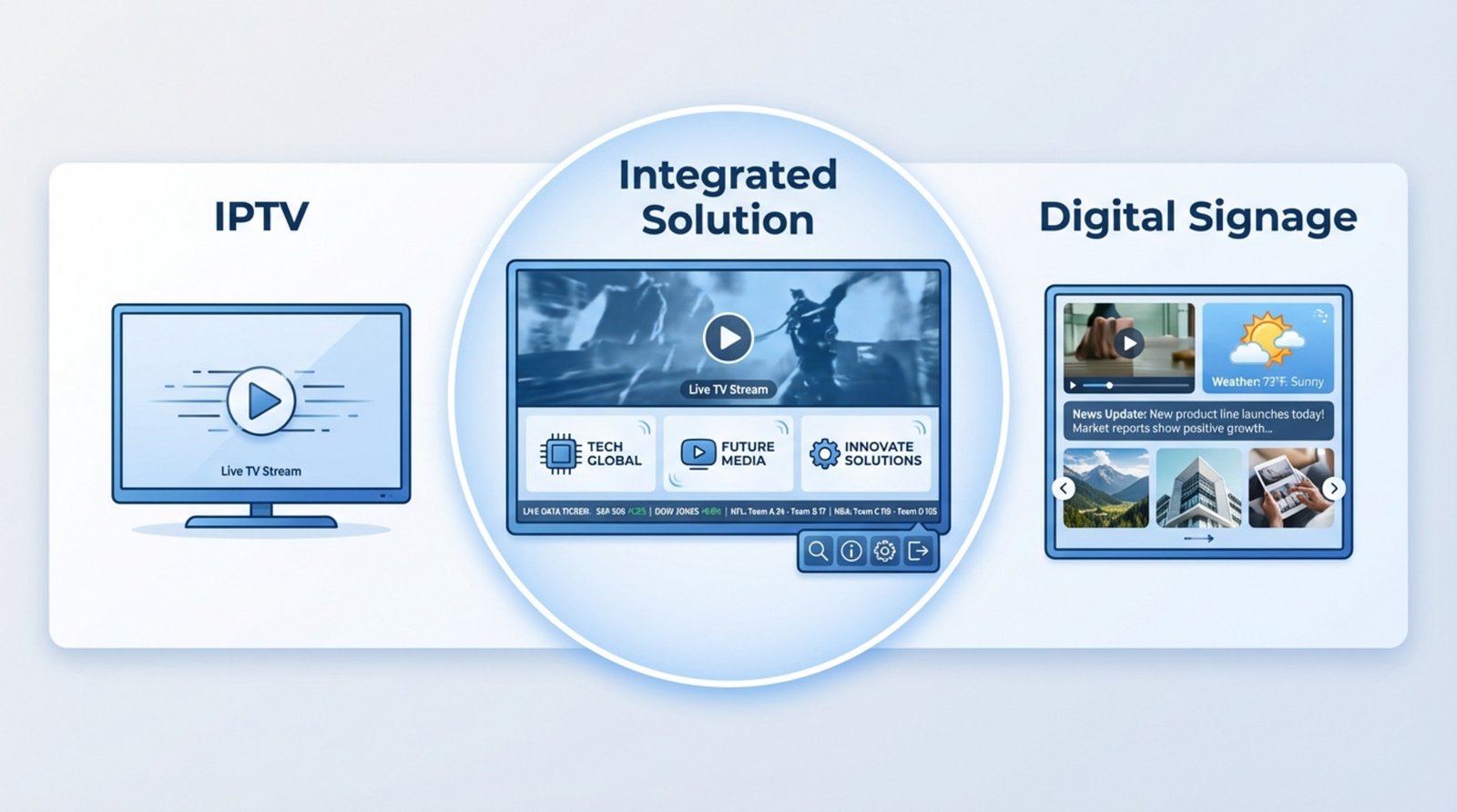 Modern infographic comparing IPTV and digital signage with icons and an integrated solution in the center.