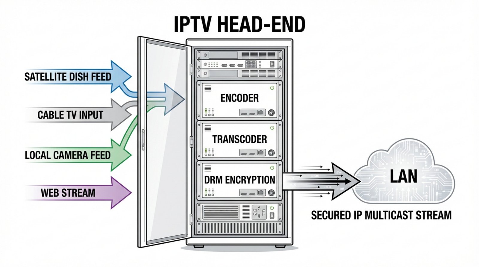 A schematic illustration of an IPTV head-end system showing a server rack with labeled components and input sources, and a secured multicast stream heading to a network cloud.
