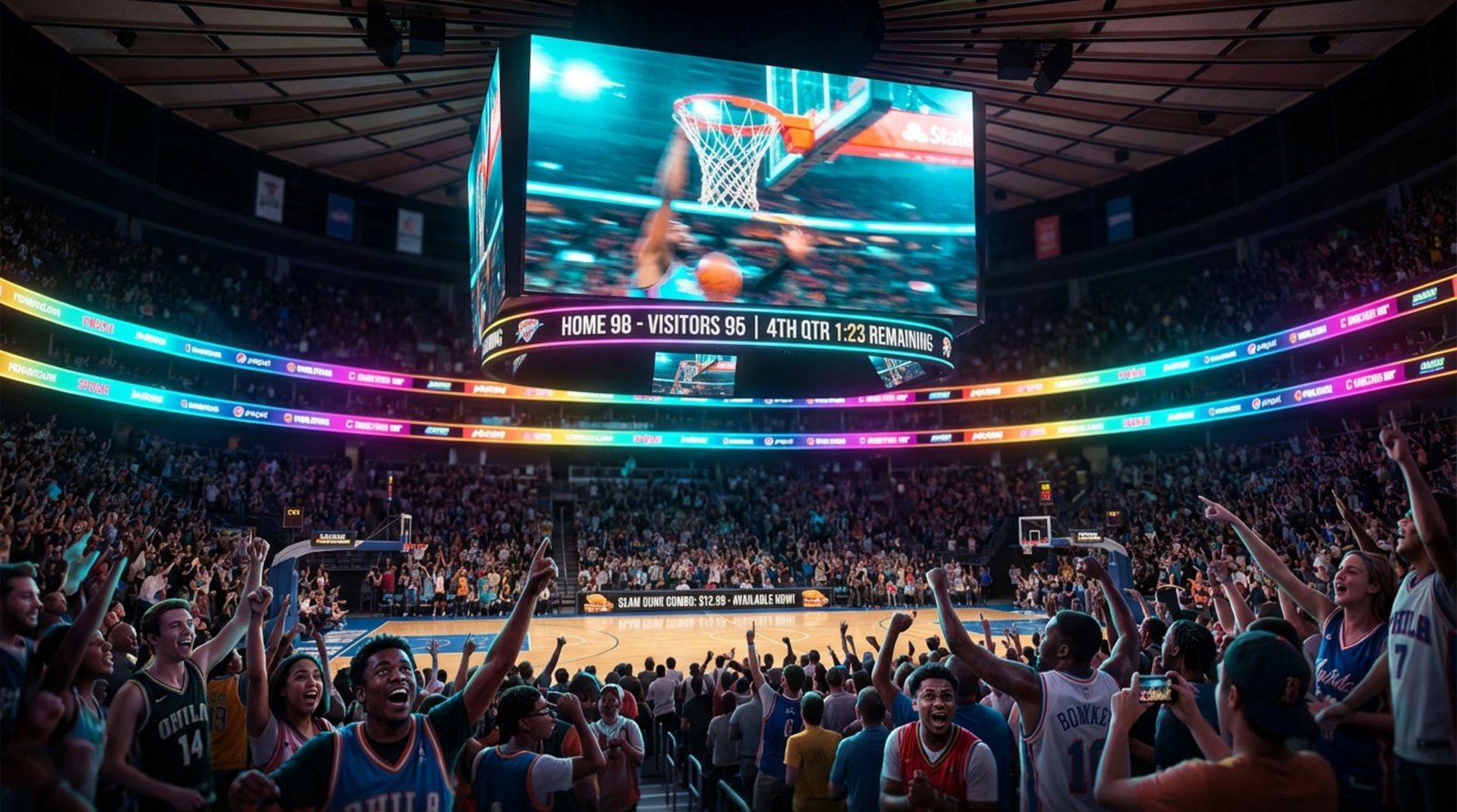 Fans watch a dramatic slam dunk on a large video wall in a modern arena illuminated by dynamic lighting.