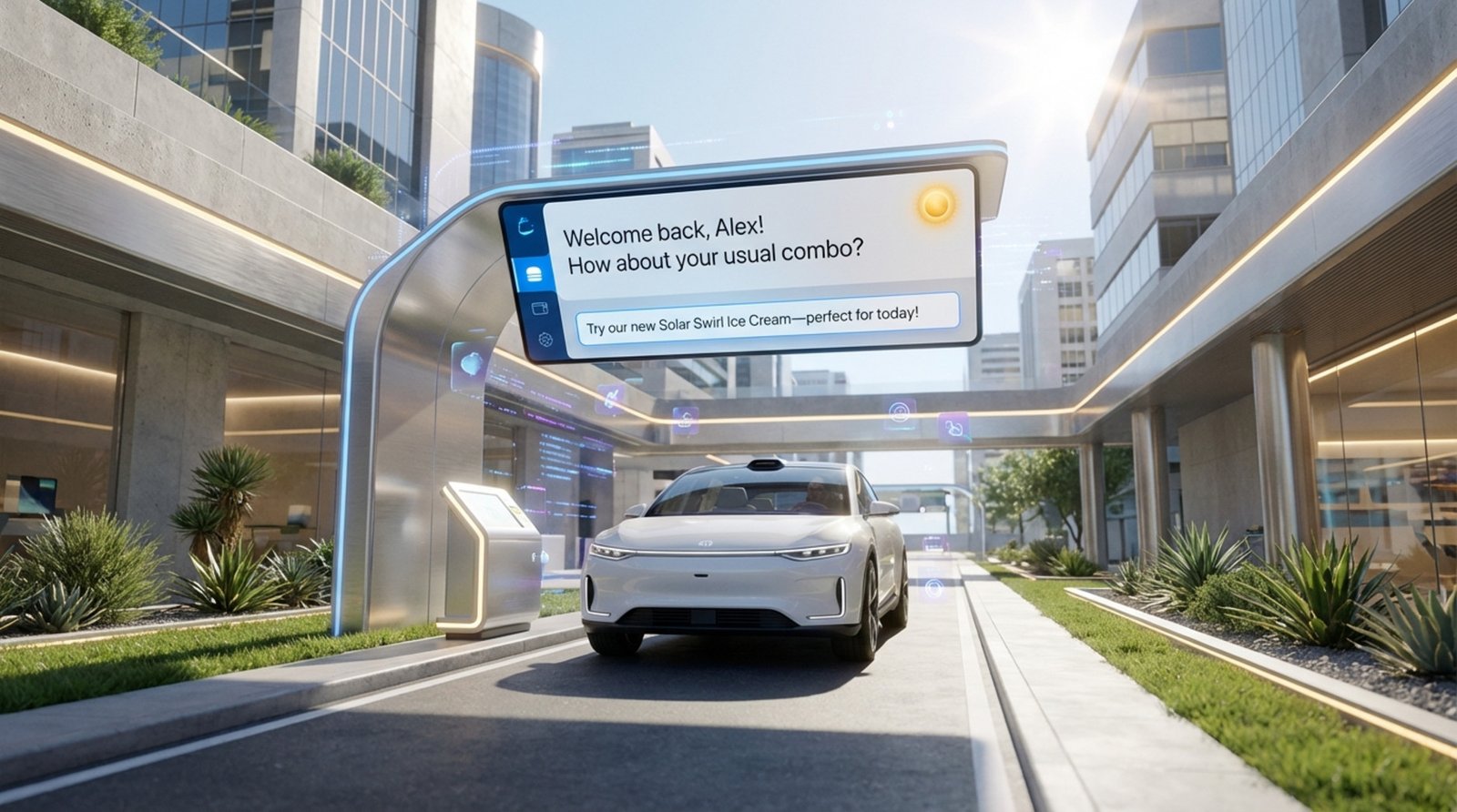 A car at an AI-powered drive-thru with a digital menu displaying personalized greetings and weather-based suggestions.
