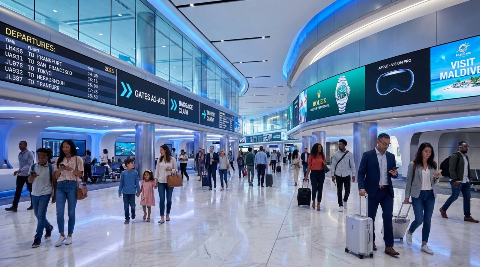 A busy airport terminal with digital signage screens displaying flight information and advertisements.