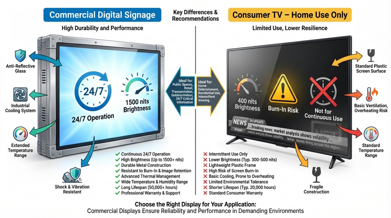 Infographic comparing a rugged commercial digital signage display with a standard consumer TV, highlighting durability and brightness features.