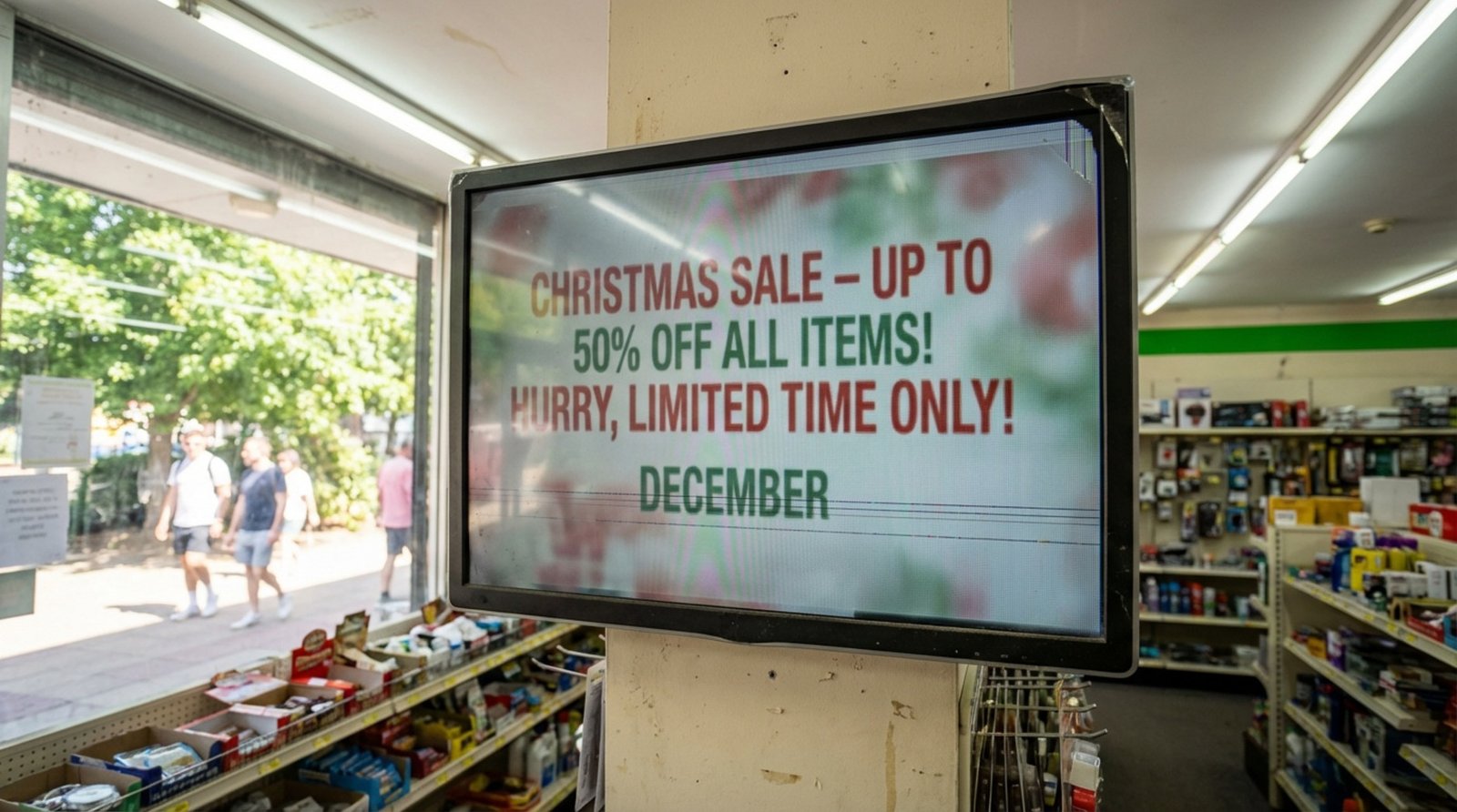 A neglected digital sign in a retail store displaying a blurry outdated Christmas promotion during summer, showing signs of dust and flickering.