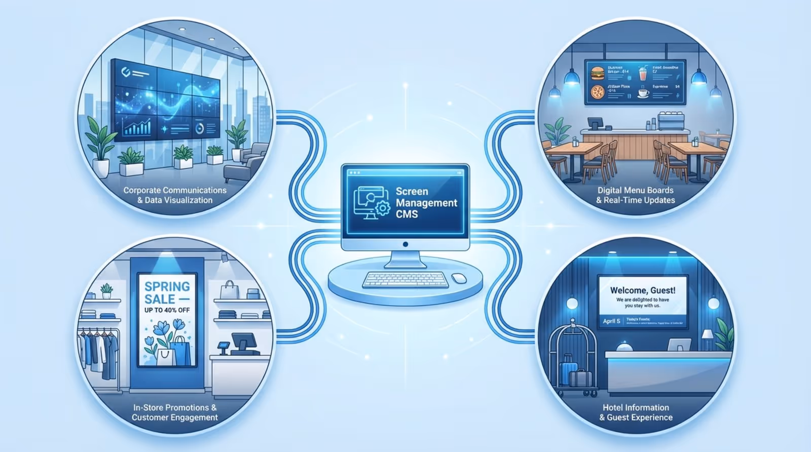 Modern infographic illustrating a central computer managing multiple digital screens across various environments for efficient control.
