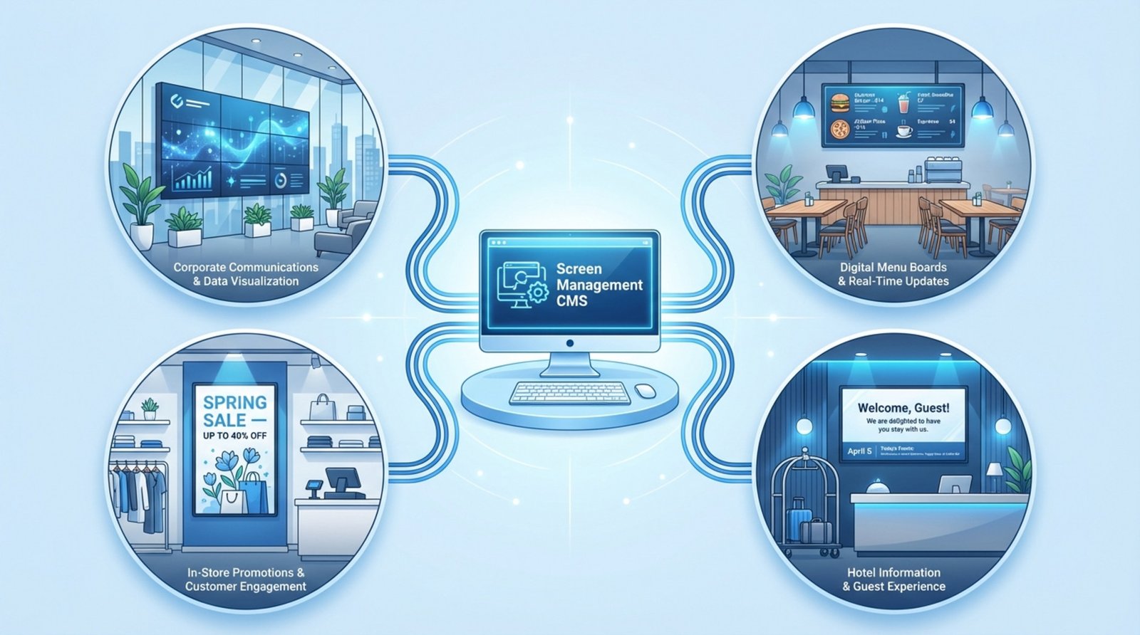 Modern infographic illustrating a central computer managing multiple digital screens across various environments for efficient control.