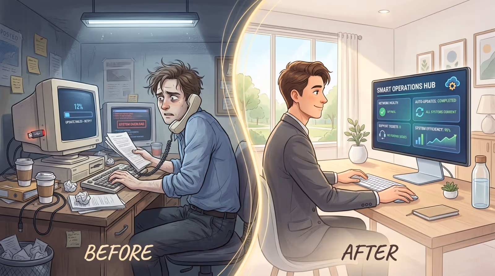 Contrast between chaotic manual work and streamlined automation showing a stressed person juggling tasks versus relaxed individual managing all from a single dashboard.