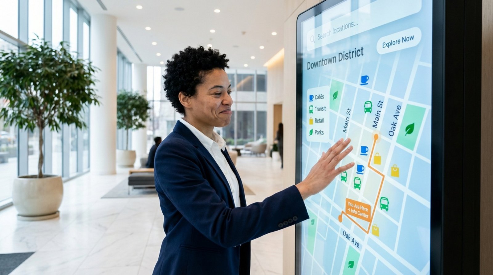 A person interacts with a large vertical touchscreen kiosk displaying an interactive map in a bright building lobby.