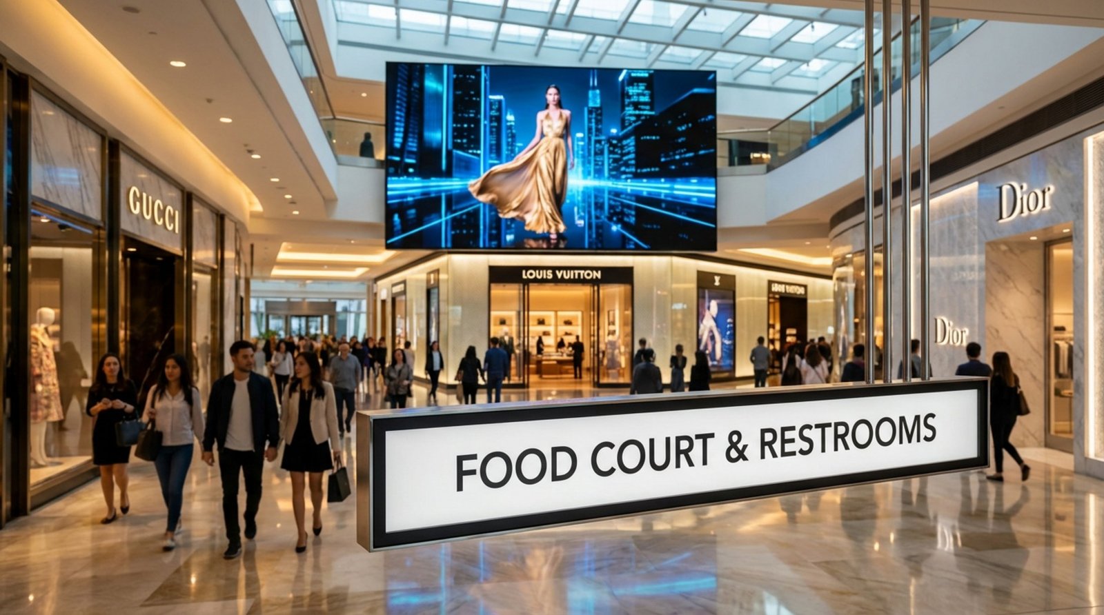 Interior of a busy upscale shopping mall with a large LED video wall and clear directional signage for food court and restrooms.