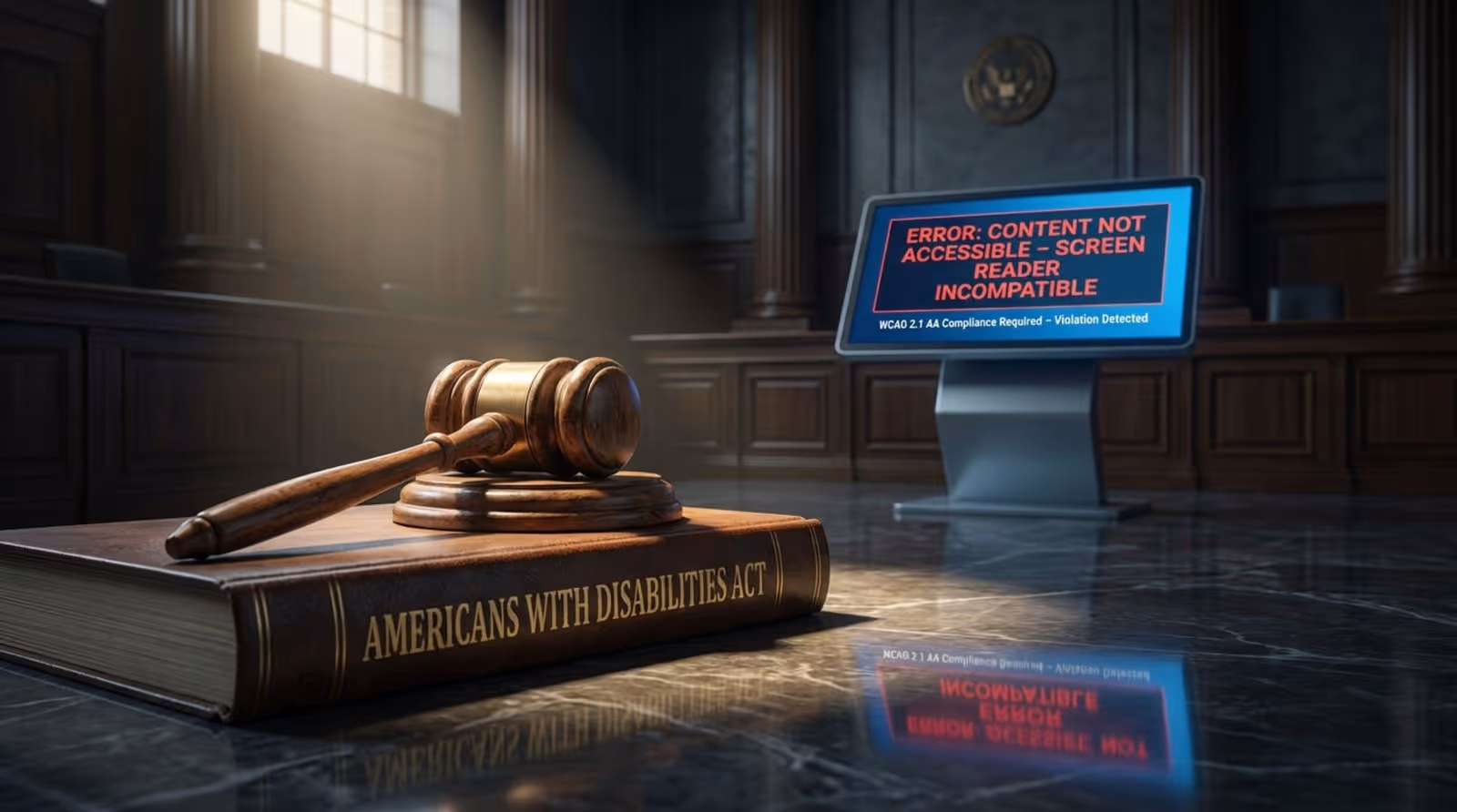 A gavel rests on a law book titled Americans with Disabilities Act in a dim courtroom, highlighting legal and compliance risks.