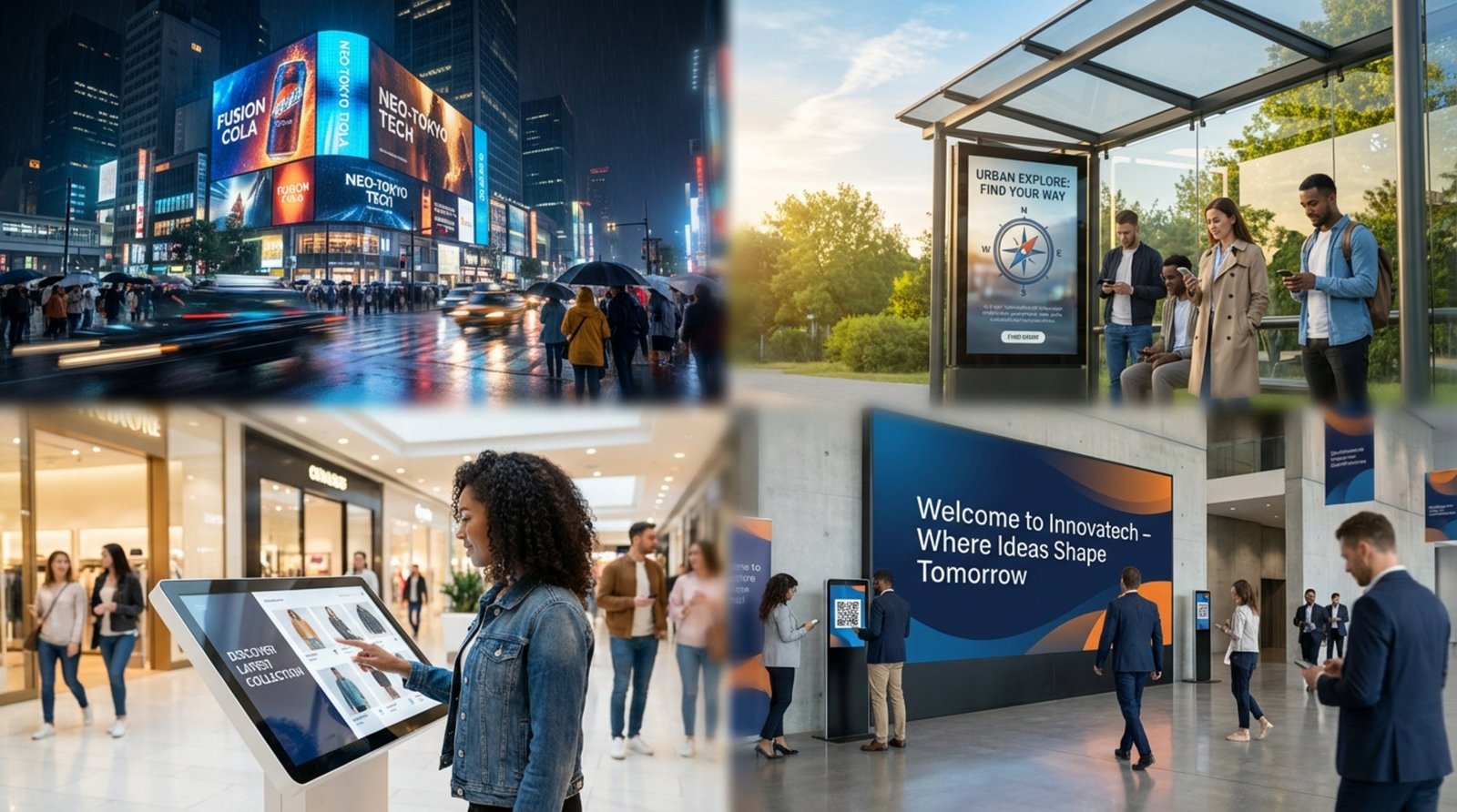 A collage displaying various digital advertising screens including a city billboard, a bus stop display, an interactive mall screen, and a conference welcome screen.