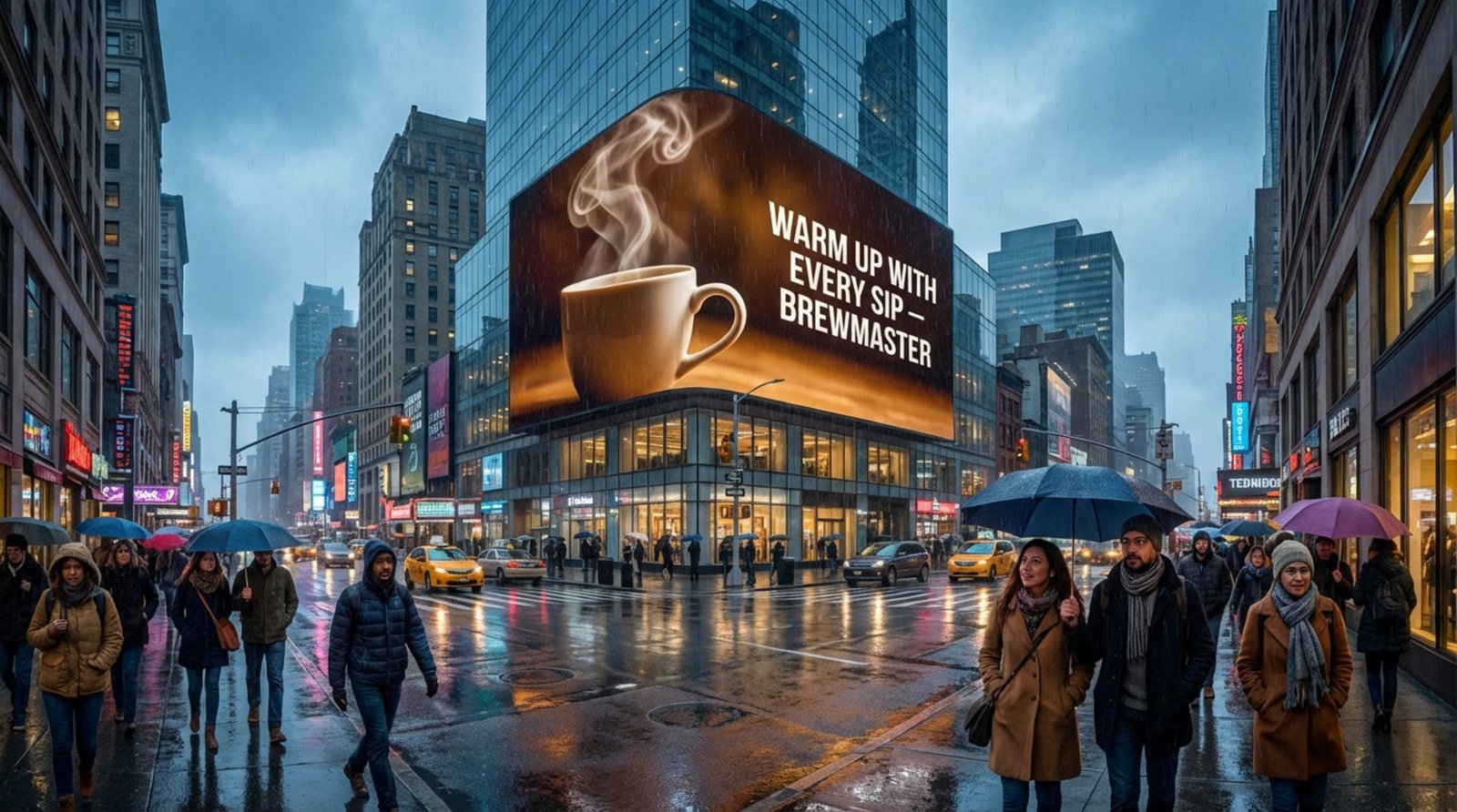 A digital billboard on a rainy city street displays a hot coffee ad with rising steam, creating a cozy and impactful atmosphere during a cool overcast day.