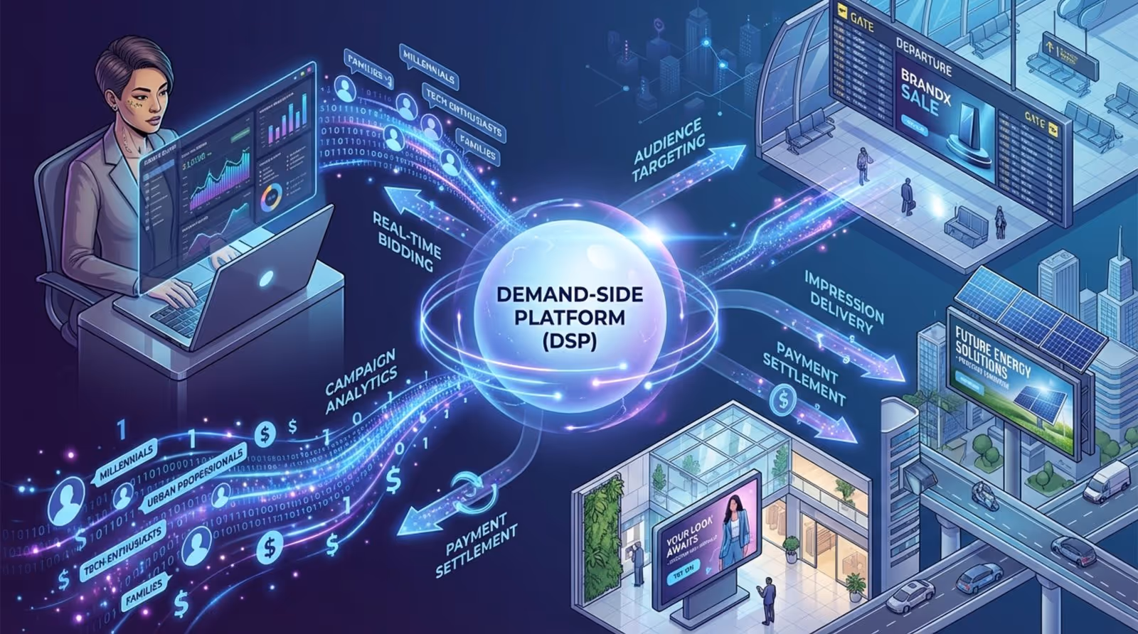 A futuristic infographic illustrating programmatic digital out-of-home advertising with a central demand-side platform connecting to media buyers and digital screens through data streams.