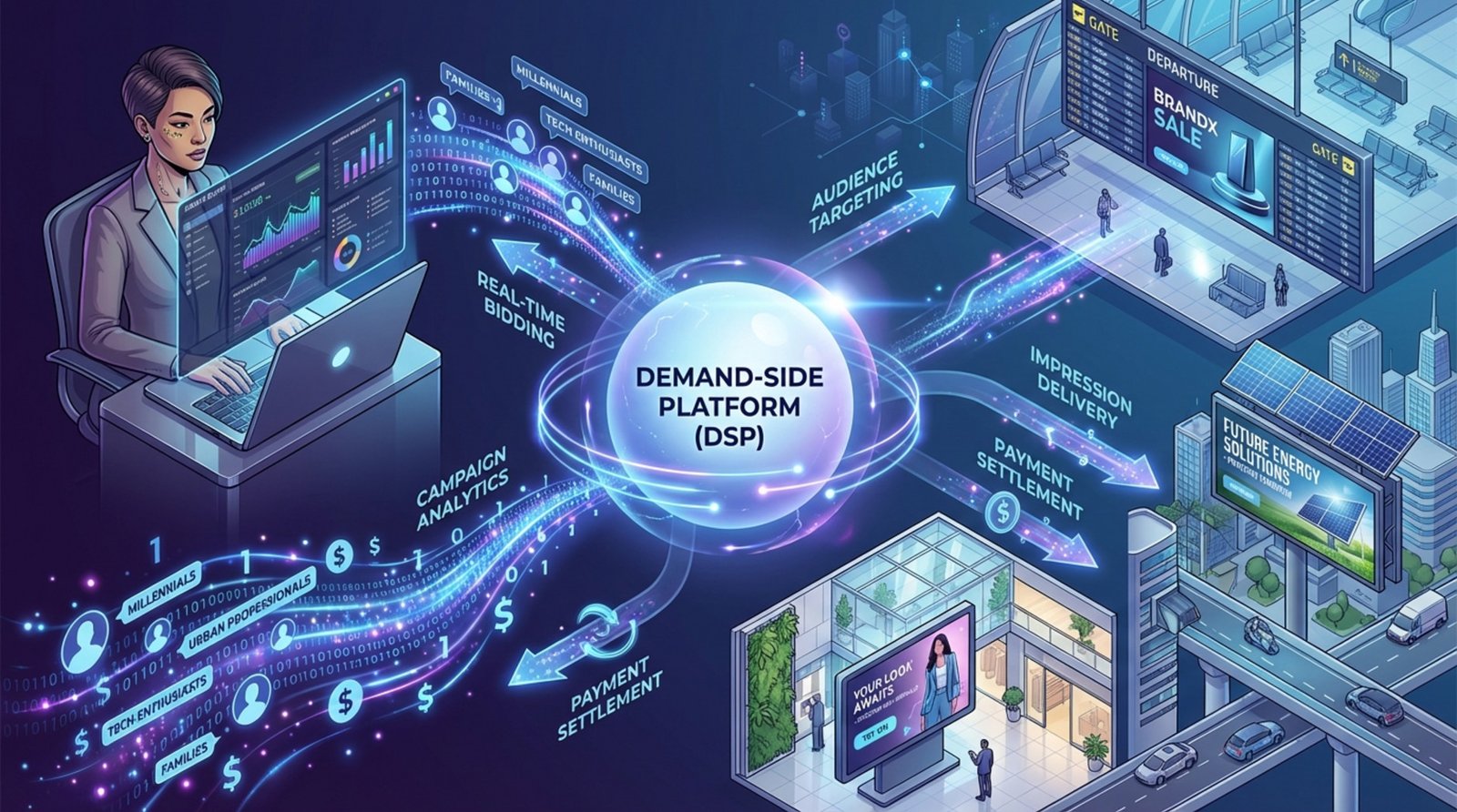 A futuristic infographic illustrating programmatic digital out-of-home advertising with a central demand-side platform connecting to media buyers and digital screens through data streams.