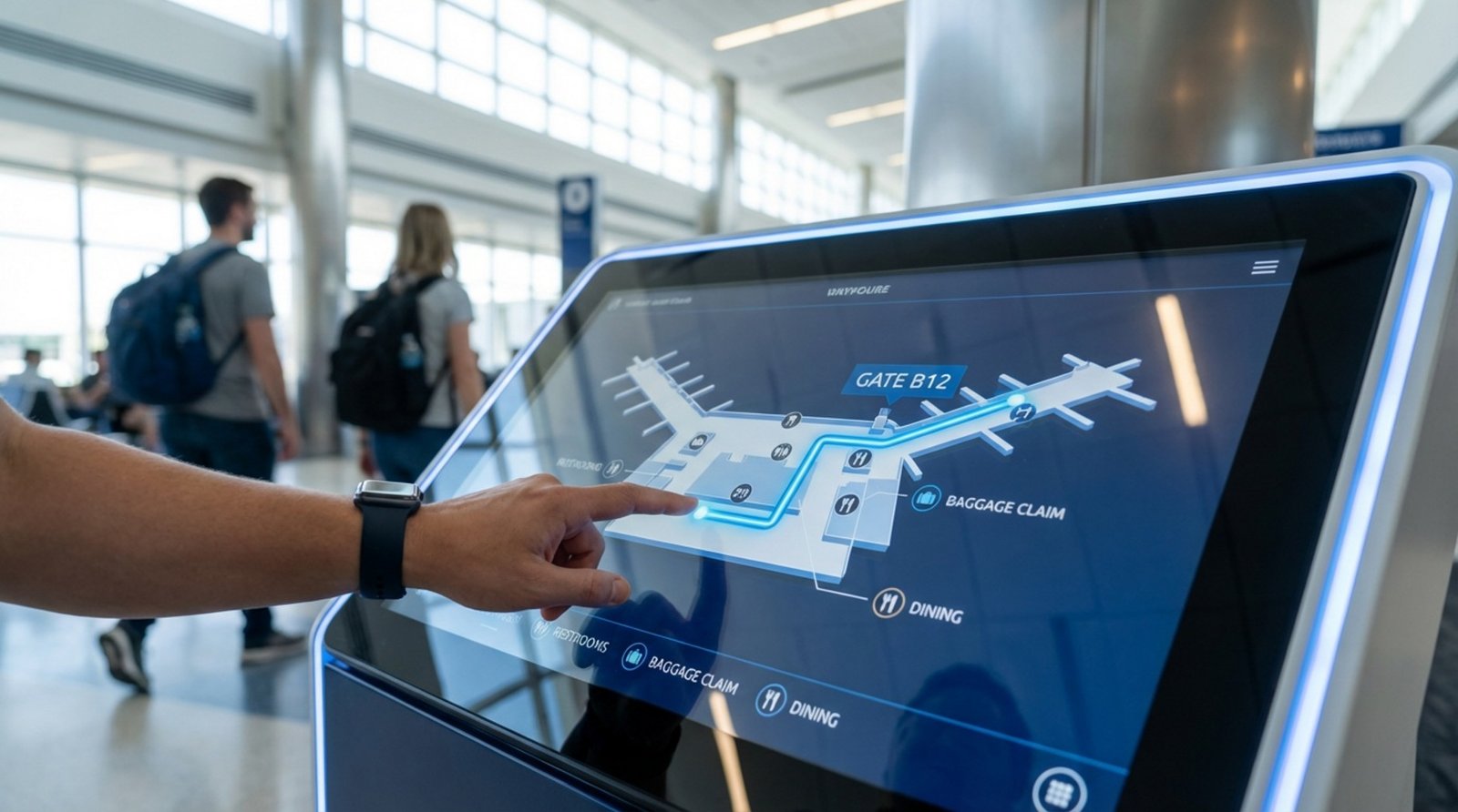 A traveler's hand interacts with a digital wayfinding kiosk displaying a 3D map in an airport.