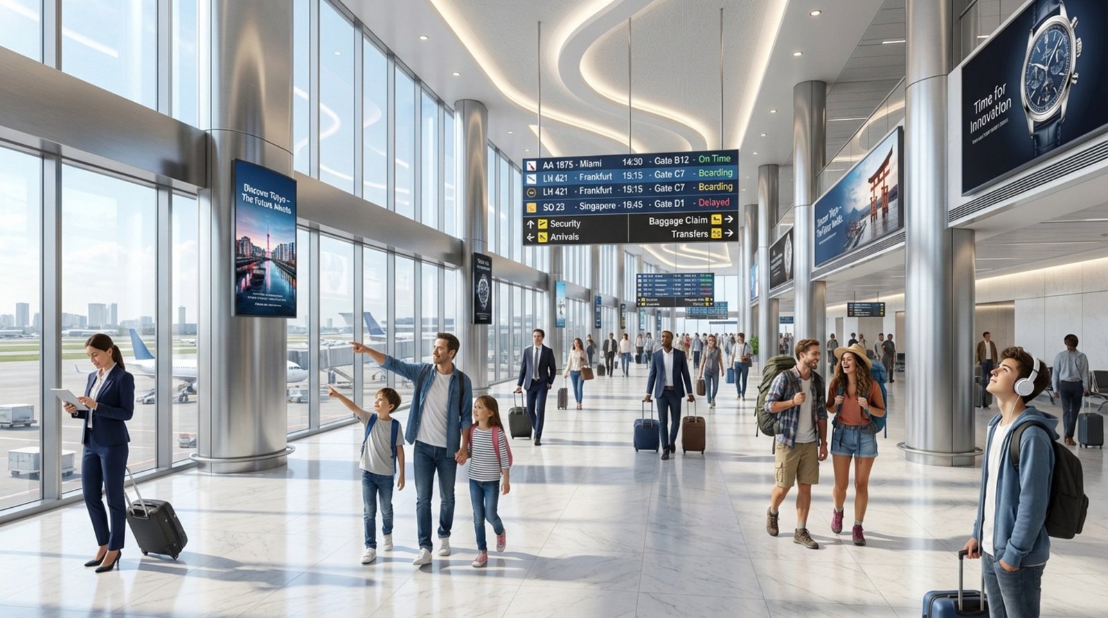 A bustling airport terminal with digital signage screens displaying flight info and travelers with luggage.