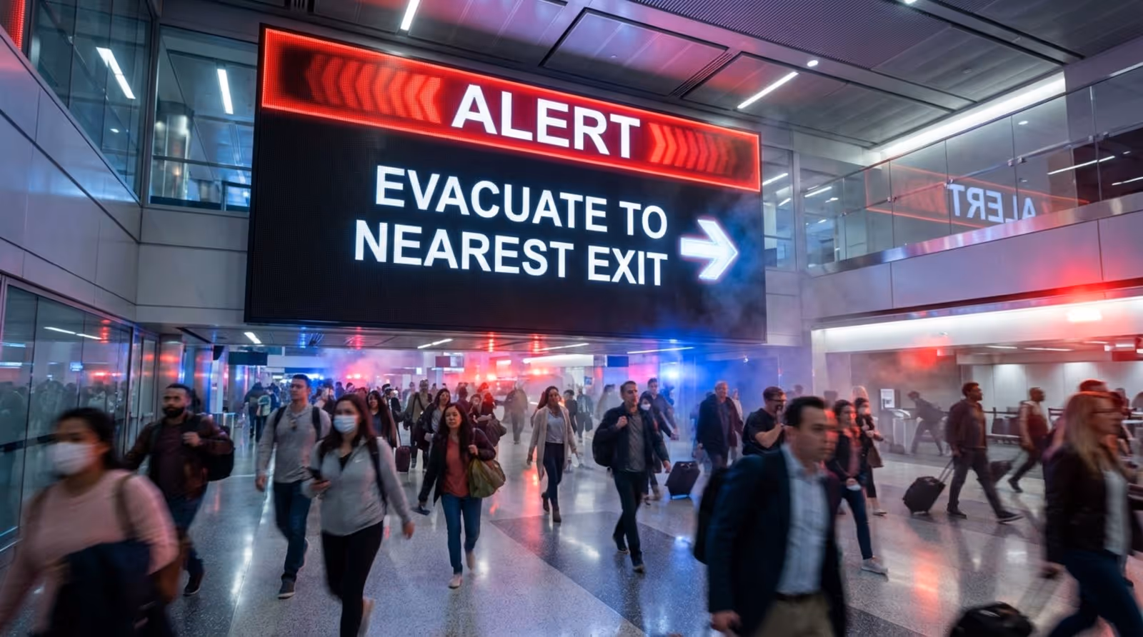 A digital signage screen at an airport displaying an emergency alert with a red banner and evacuation instructions.