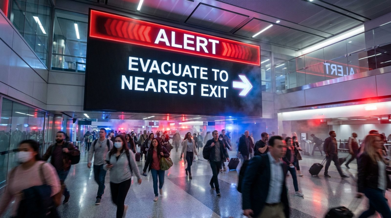 A digital signage screen at an airport displaying an emergency alert with a red banner and evacuation instructions.