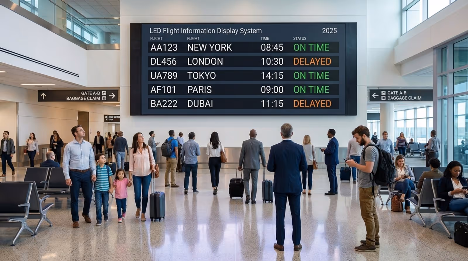 A large flight information display system in an airport showing flight details and statuses above travelers.