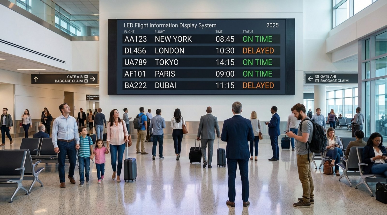 A large flight information display system in an airport showing flight details and statuses above travelers.