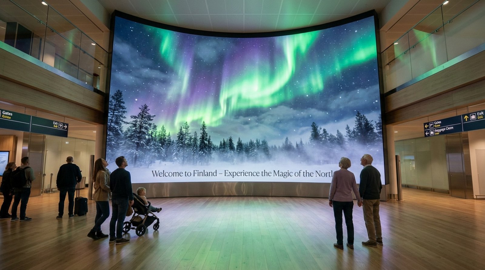 A large media wall at Helsinki Airport displays Northern Lights over a snowy forest, creating a calming atmosphere for travelers.