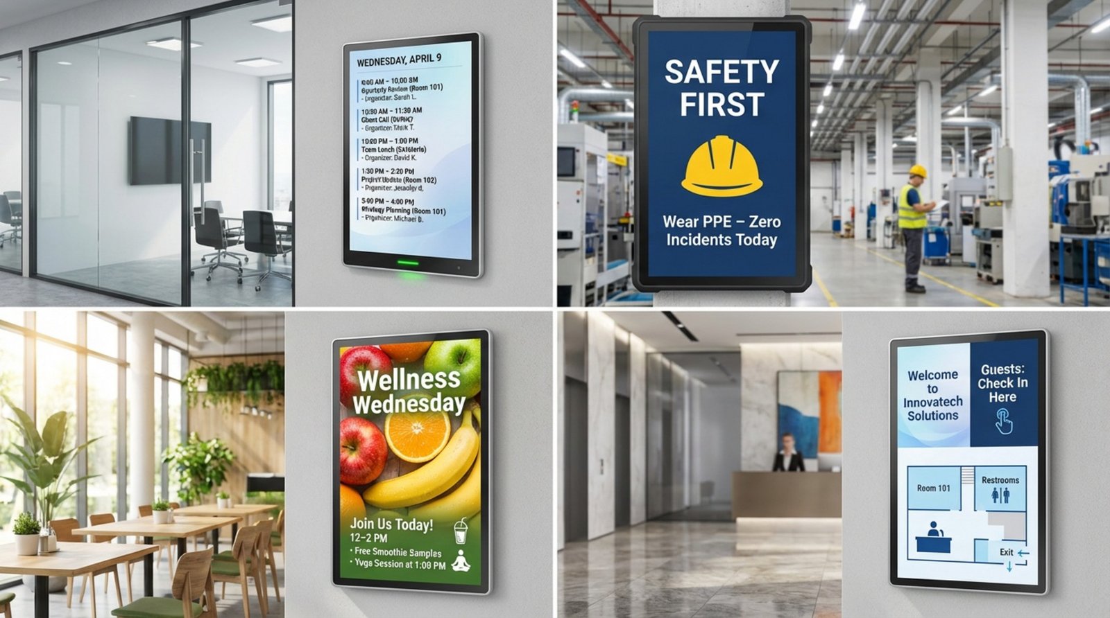 A four-panel composite showing different digital signage applications in professional settings, including meeting room schedules, safety messages, wellness event promotions, and visitor welcomes.
