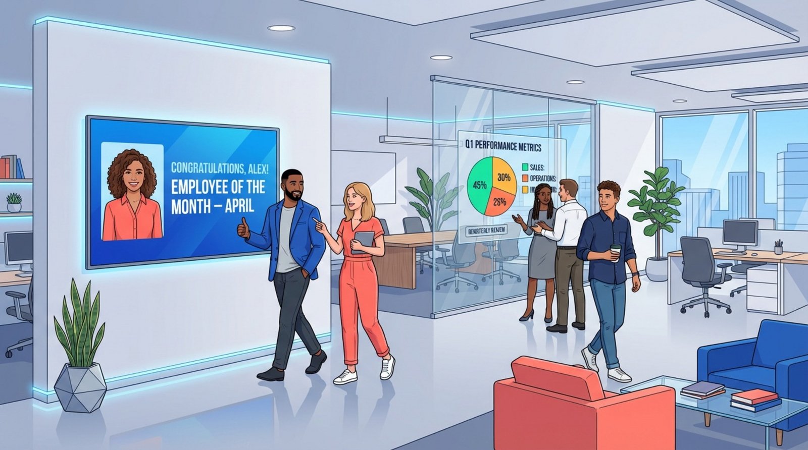 Modern office scene with digital screens displaying employee recognition and performance metrics, with employees viewing them positively.