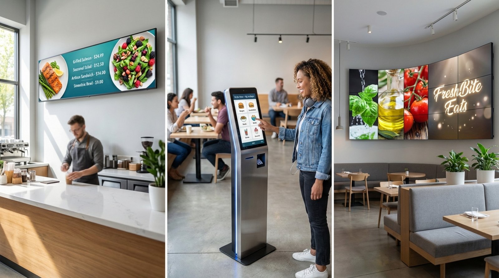 Photorealistic collage of digital signage in a restaurant showing a menu board, self-service kiosk, and large video wall.