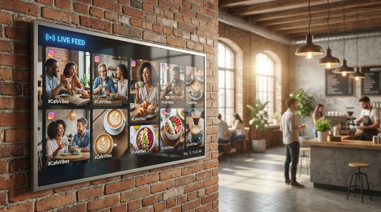A digital screen displaying a live social media feed of customer photos in a trendy cafe setting.