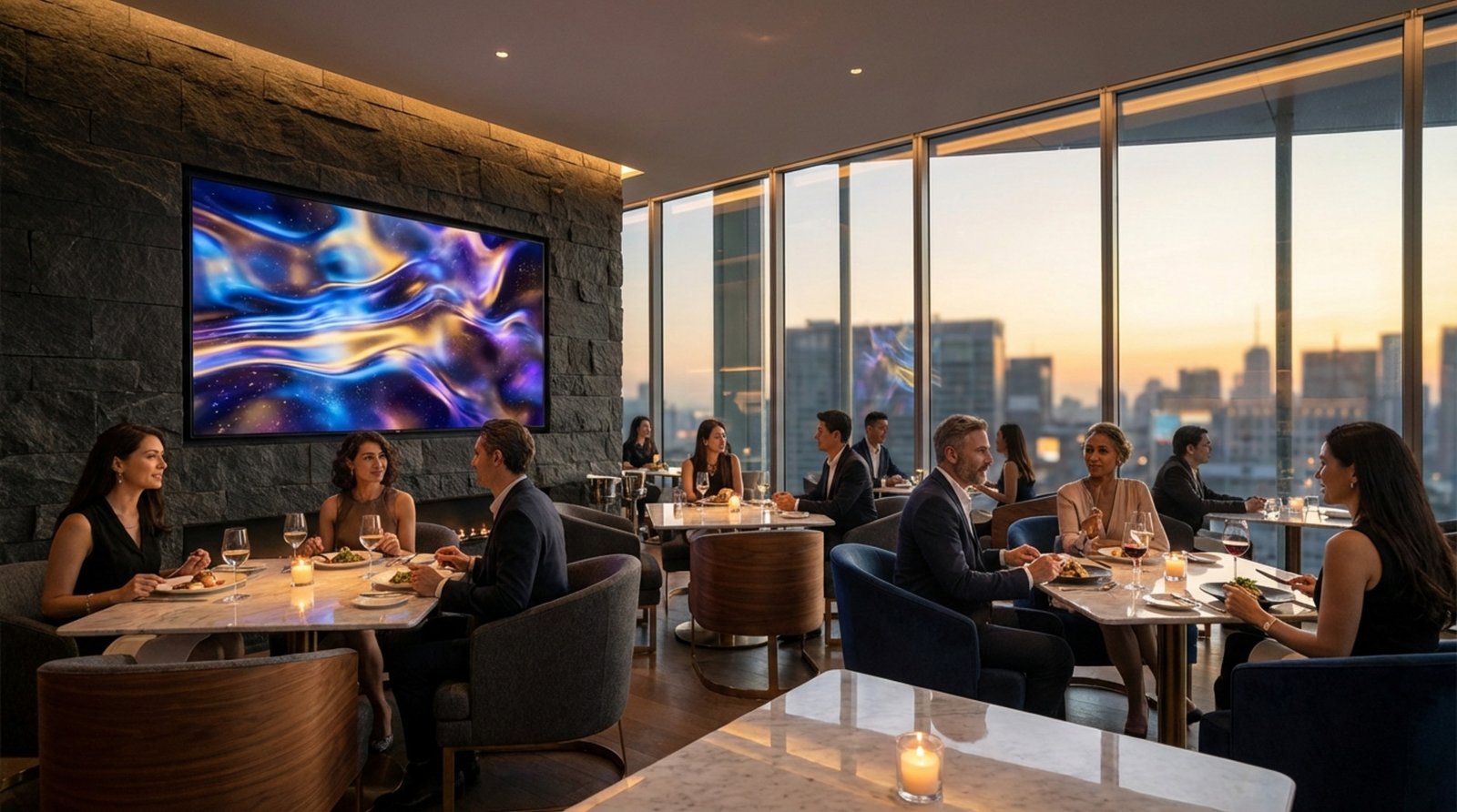 A sleek restaurant interior at dusk featuring a large video wall displaying abstract light patterns that create a sophisticated atmosphere.