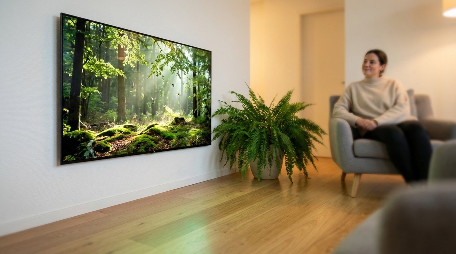 Close-up of a digital screen displaying a tranquil forest scene in a dental office waiting area to create a calming atmosphere.