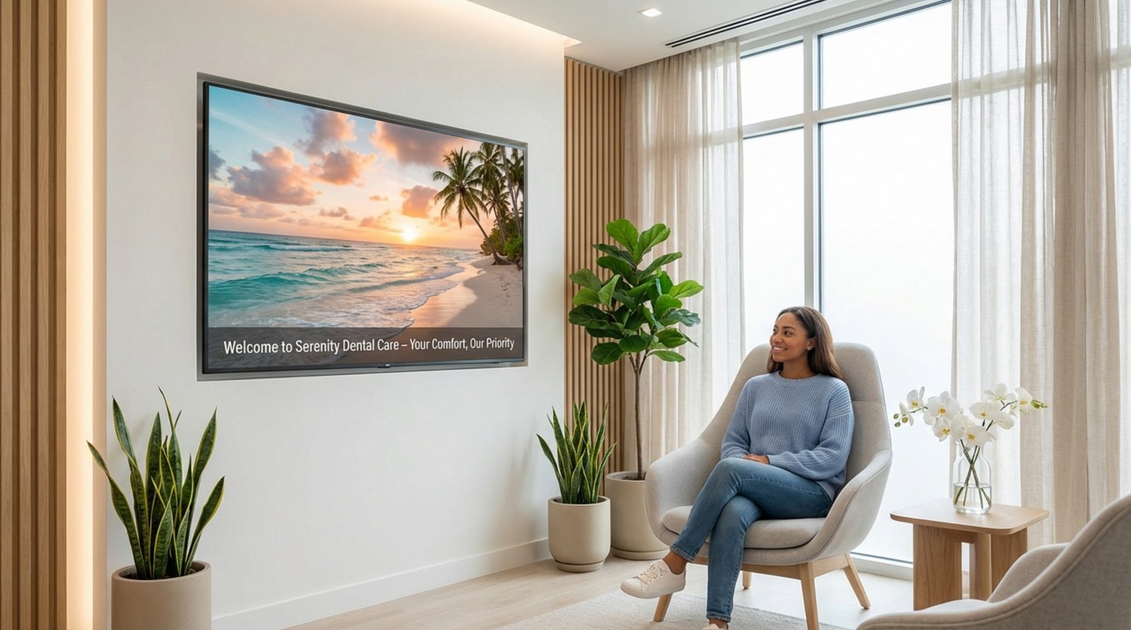 A welcoming dental office waiting room with a digital screen showing a calm beach scene and a relaxed patient watching.