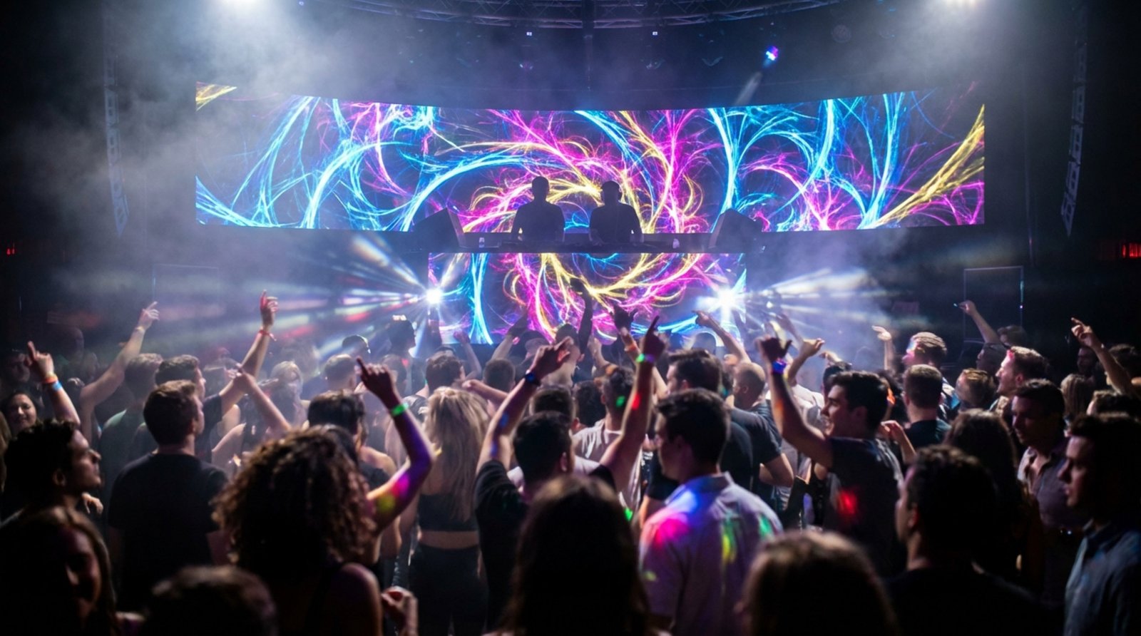 A lively nightclub dance floor with a large LED wall displaying colorful visuals and a crowd dancing energetically.