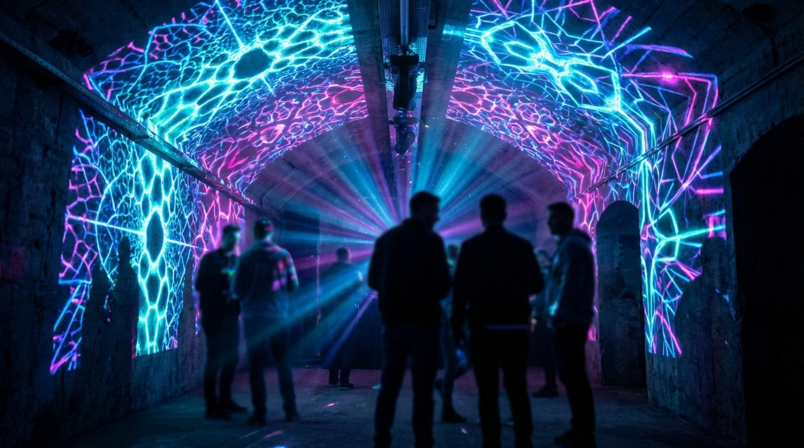 Projection mapping creates an immersive visual experience with glowing geometric patterns and abstract art on textured walls and ceilings.