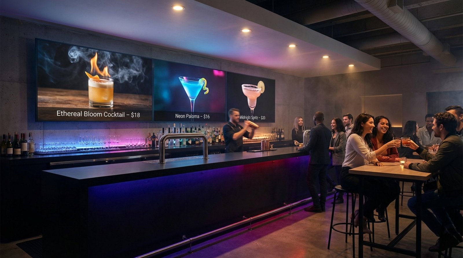 A stylish modern bar with digital screens displaying colorful cocktail menus behind the counter, creating a lively and atmospheric setting for patrons.