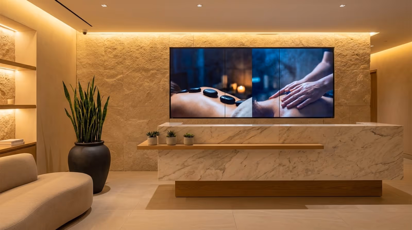 A serene and upscale spa reception area with a digital signage screen displaying a calming video, highlighting a relaxing atmosphere and modern decor.