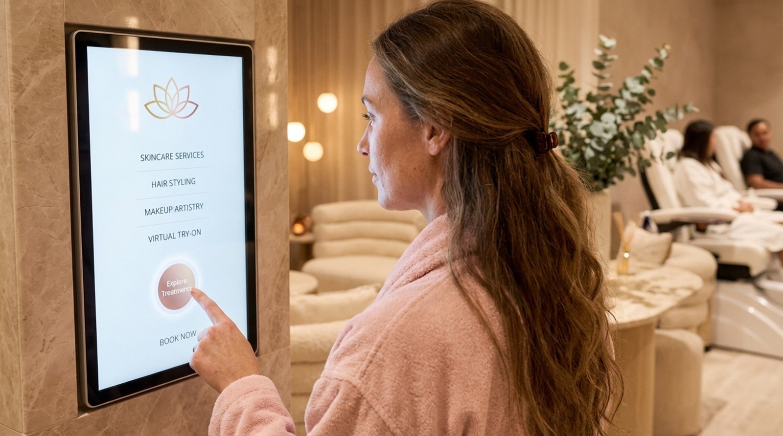 A woman interacts with a modern touchscreen in a stylish salon, exploring treatment options for skincare and hair styling.