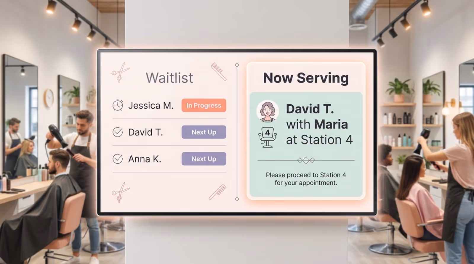 Infographic-style illustration of a digital queue management screen in a busy salon showing waitlist and current client being served.