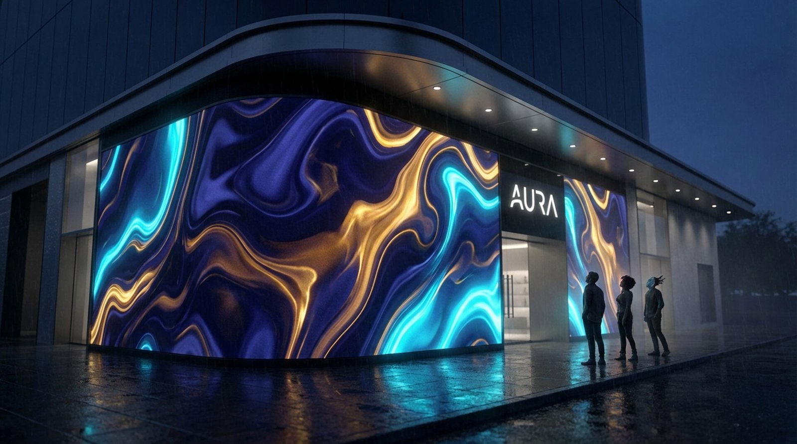 Cinematic view of a flagship store's facade at night with a large video wall displaying abstract colors and brand logos reflecting on wet pavement.