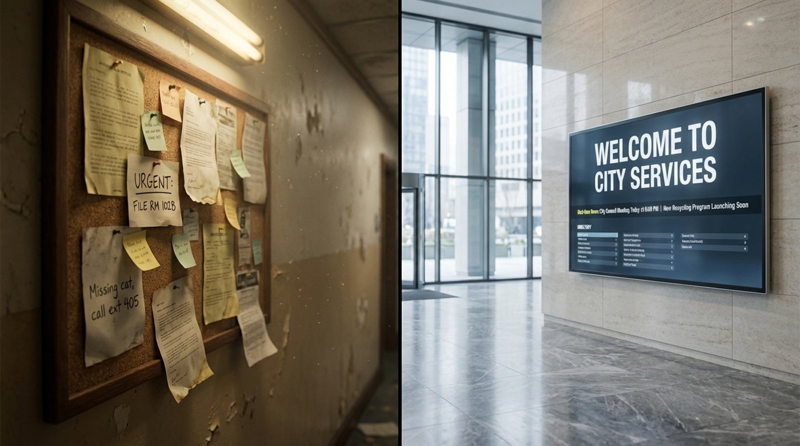 Contrast between a cluttered, dimly lit government office hallway and a bright, modern government building lobby with digital signage.