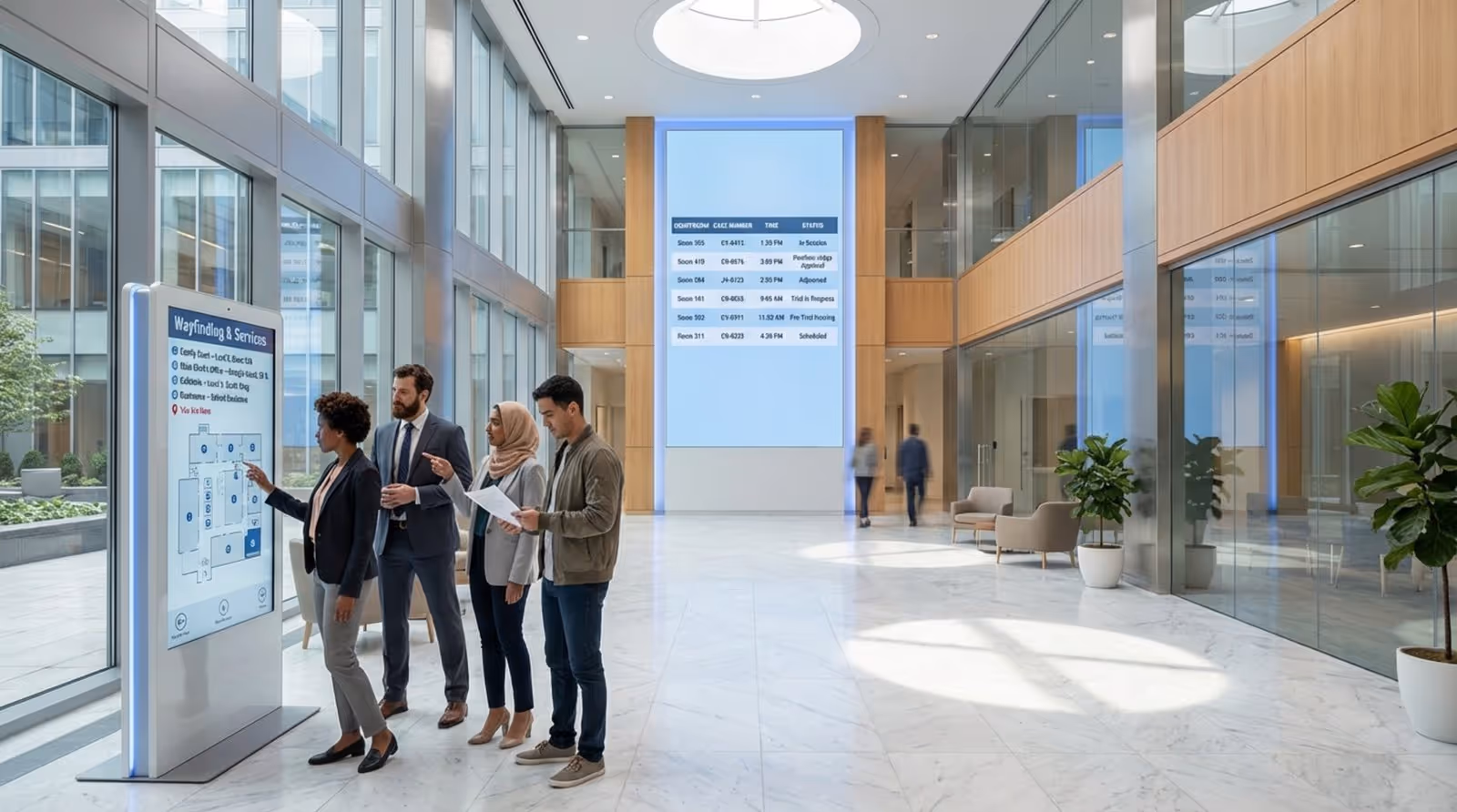 A modern courthouse lobby with digital screens displaying case schedules and people using touchscreens for navigation.