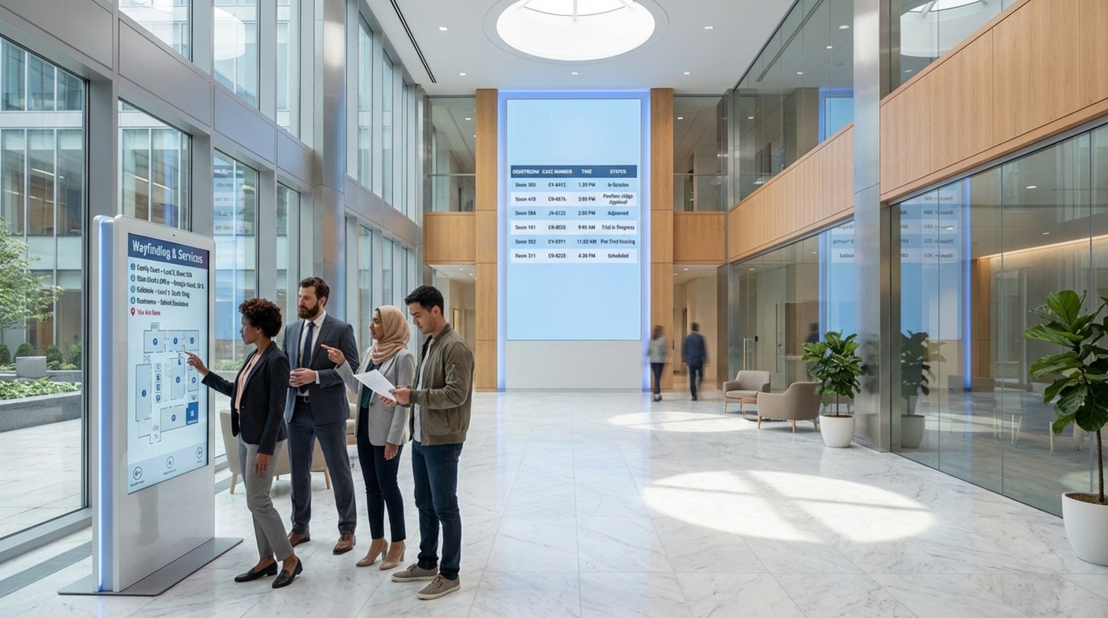 A modern courthouse lobby with digital screens displaying case schedules and people using touchscreens for navigation.