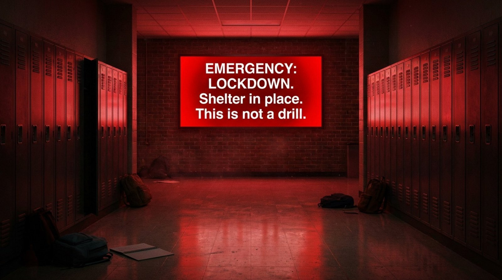 A school corridor illuminated by a digital signage screen displaying an emergency lockdown message, creating a serious and urgent atmosphere.
