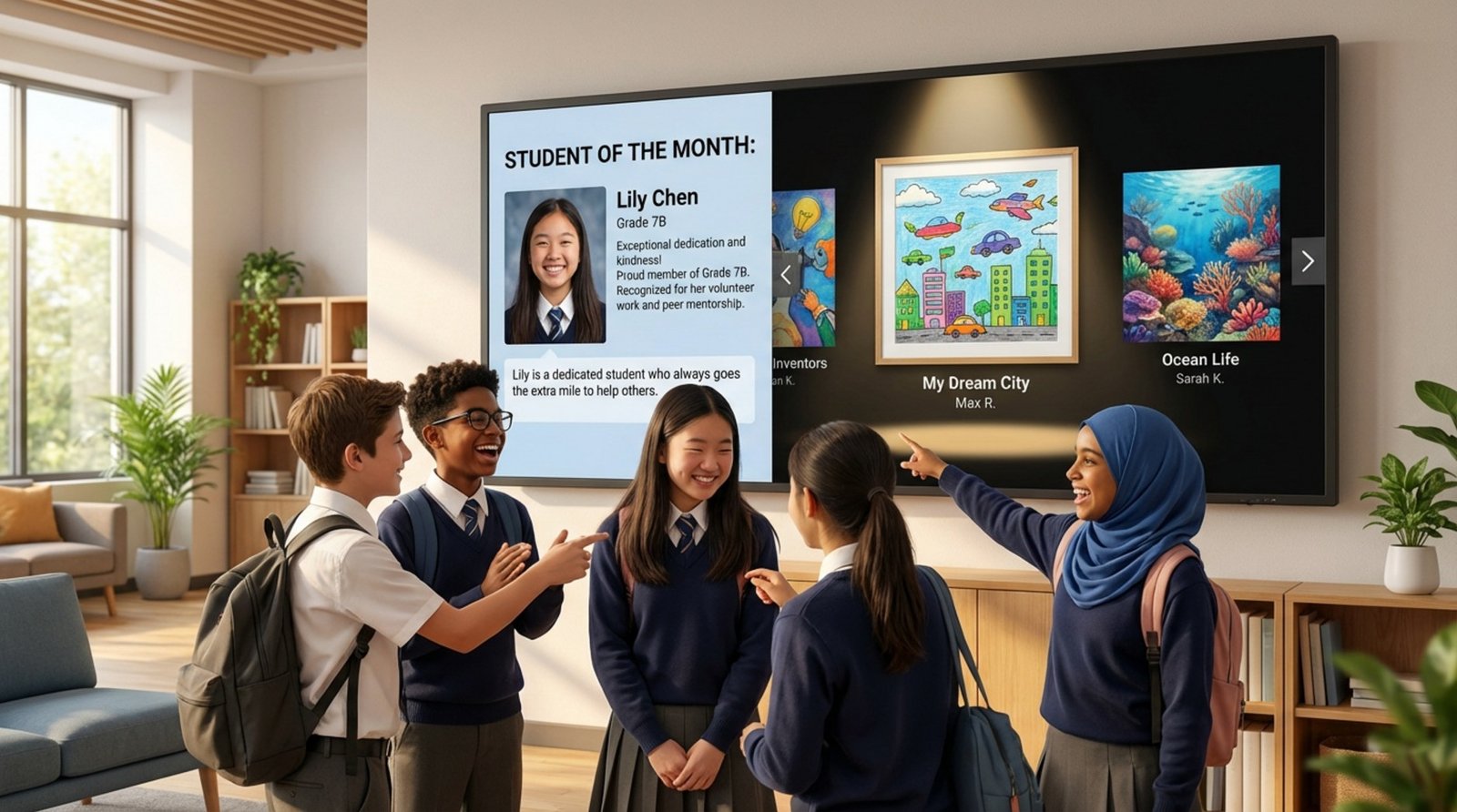 Diverse students celebrate in front of a digital display showcasing achievements and artwork in a school common area.