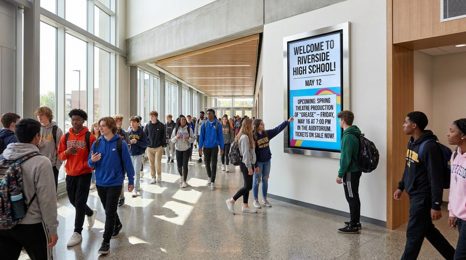 A busy high school hallway with a digital screen displaying announcements and students walking and chatting.