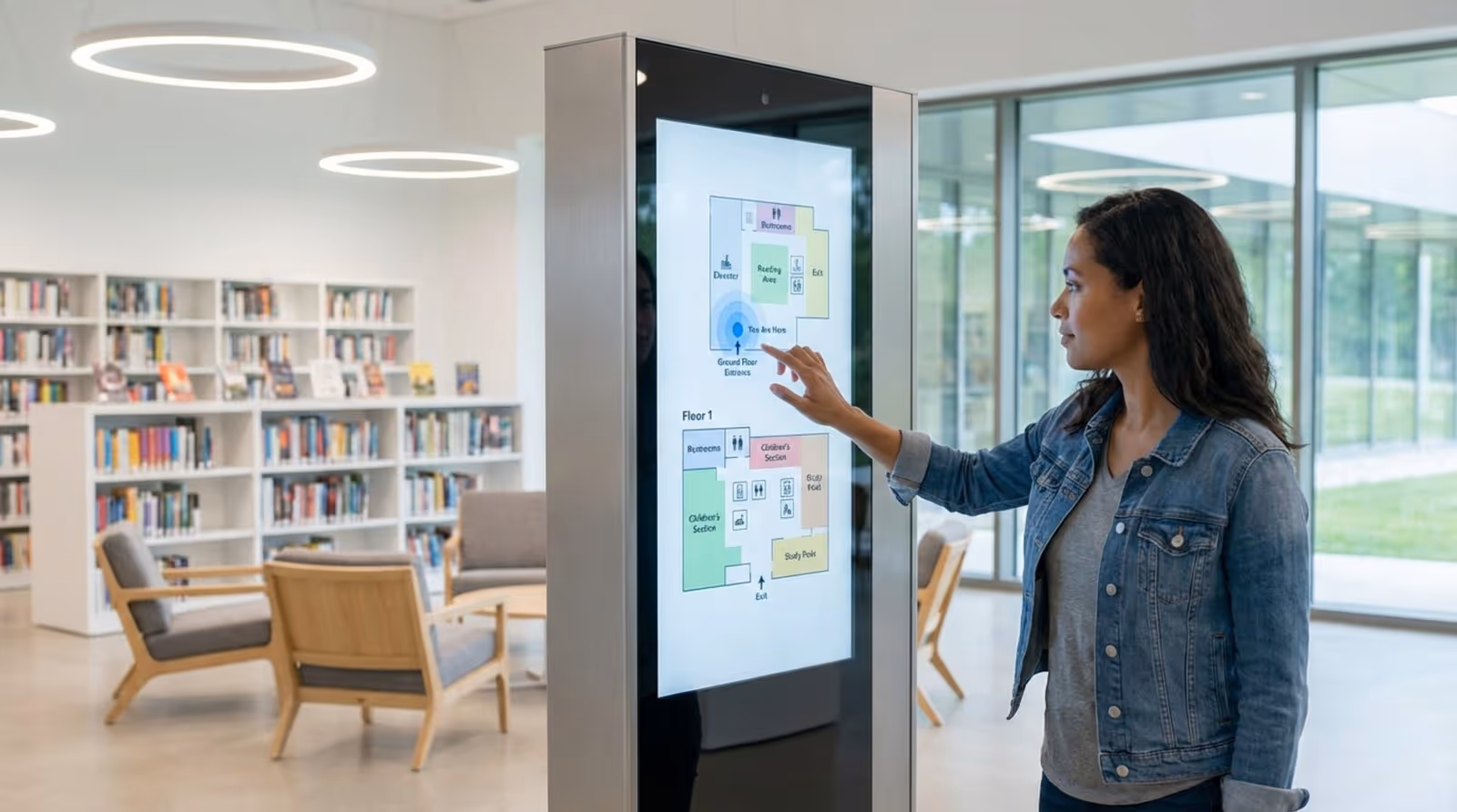 A visitor interacts with a digital signage kiosk displaying a library map in a modern, welcoming interior.