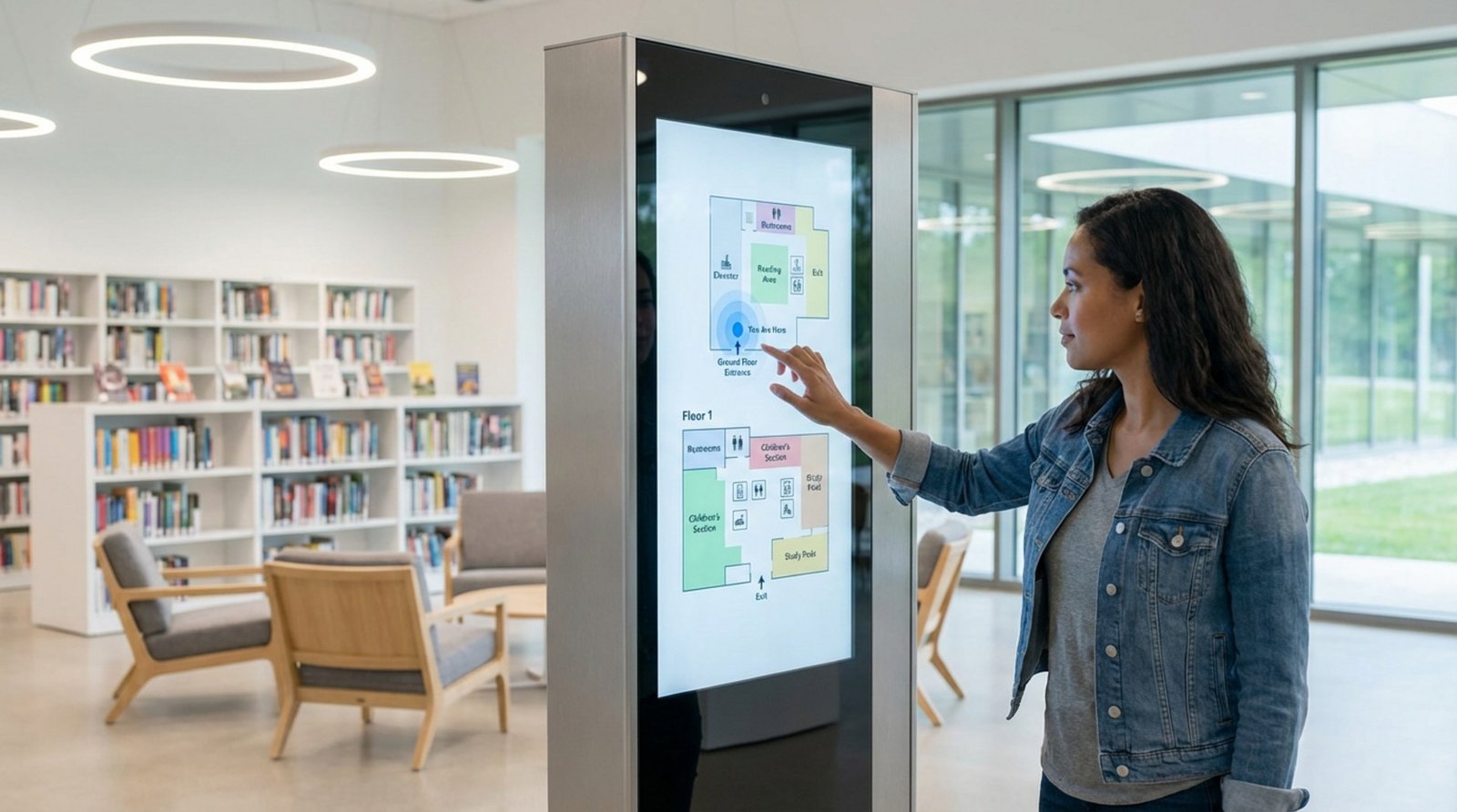A visitor interacts with a digital signage kiosk displaying a library map in a modern, welcoming interior.