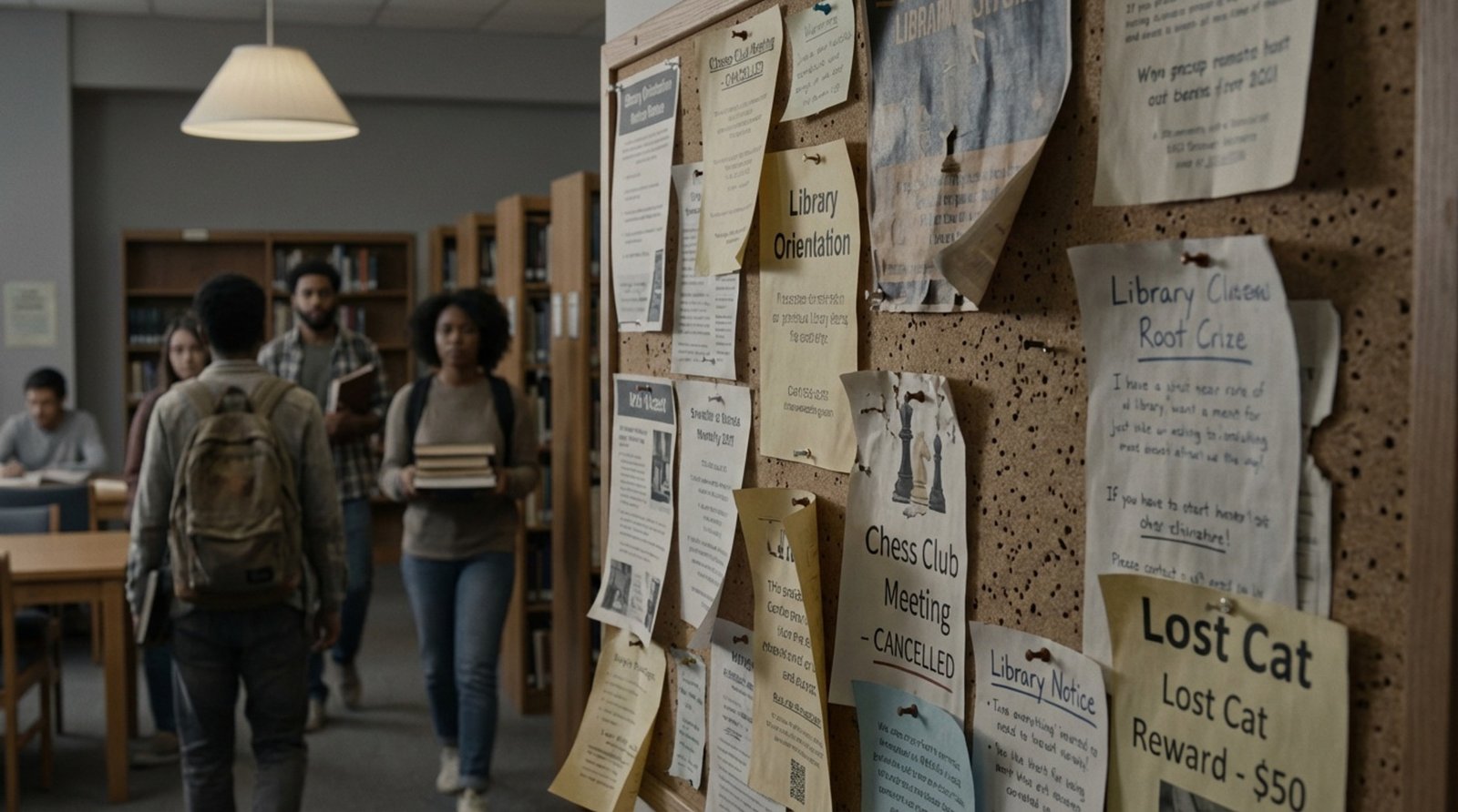 A cluttered cork bulletin board in a library filled with old flyers and notices, emphasizing neglect and lack of attention.