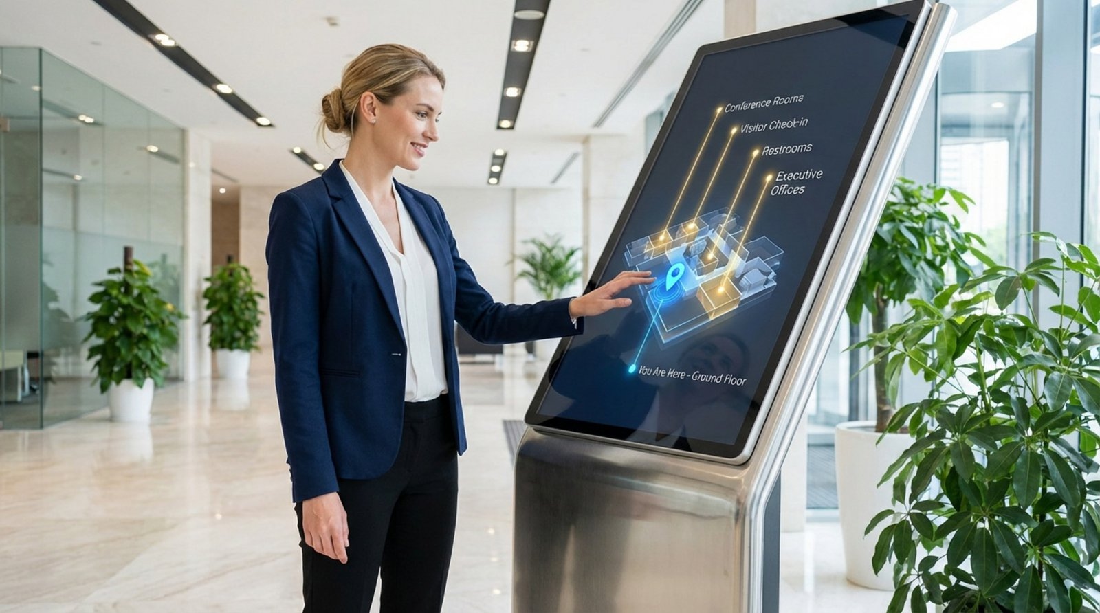 A professional woman interacts with a large touchscreen kiosk in a modern lobby, displaying a colorful 3D building directory map for efficient navigation.