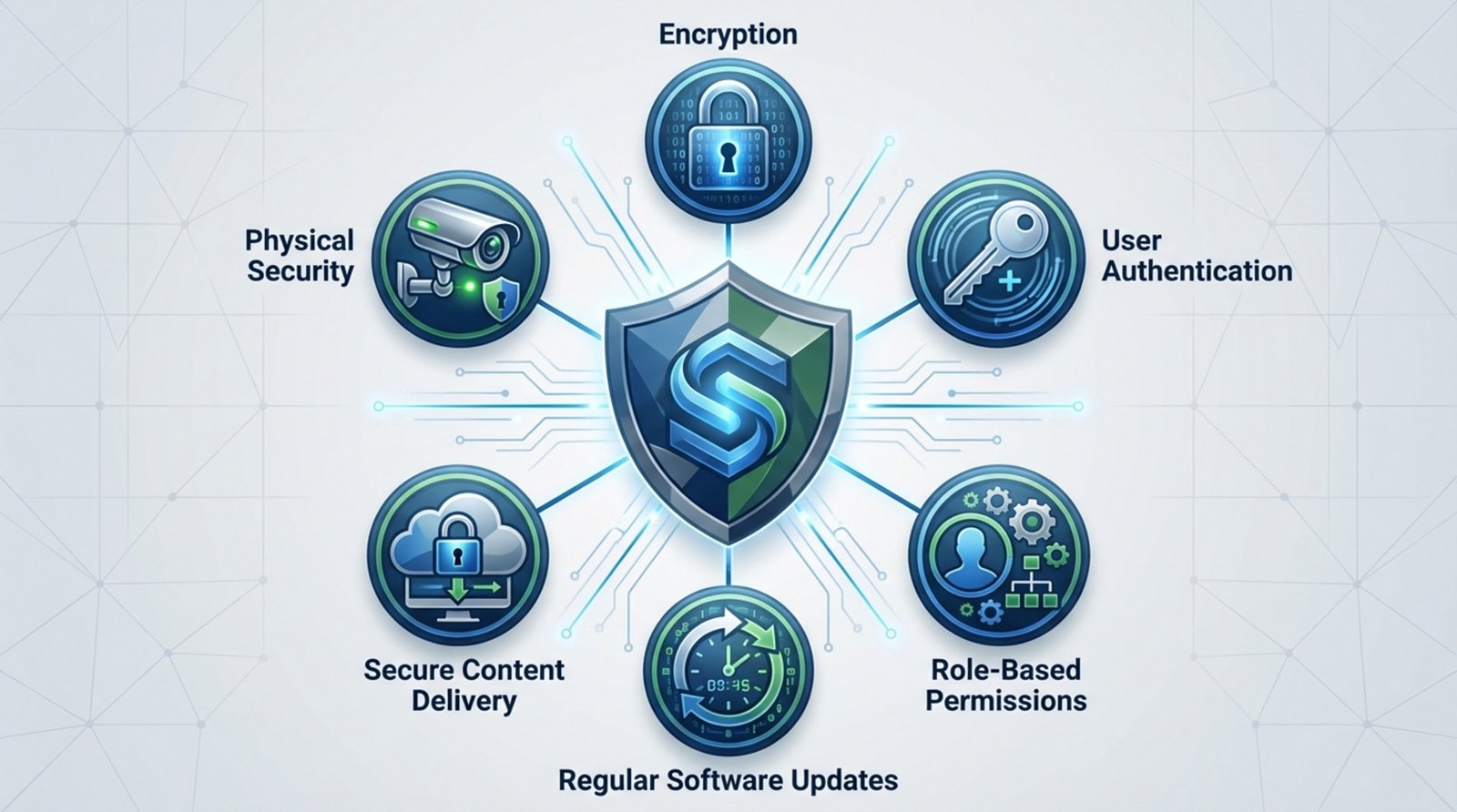 An infographic highlighting key security features of a digital signage system with a shield at the center and six icons representing encryption user authentication permissions software updates secure content delivery and physical security.