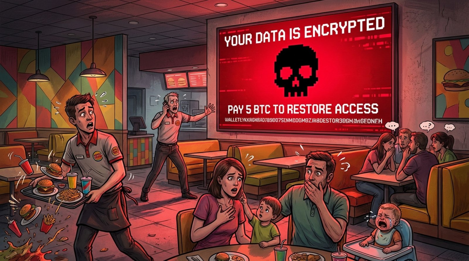 Illustration of a restaurant with a digital menu displaying a ransomware warning, causing chaos among patrons and staff.
